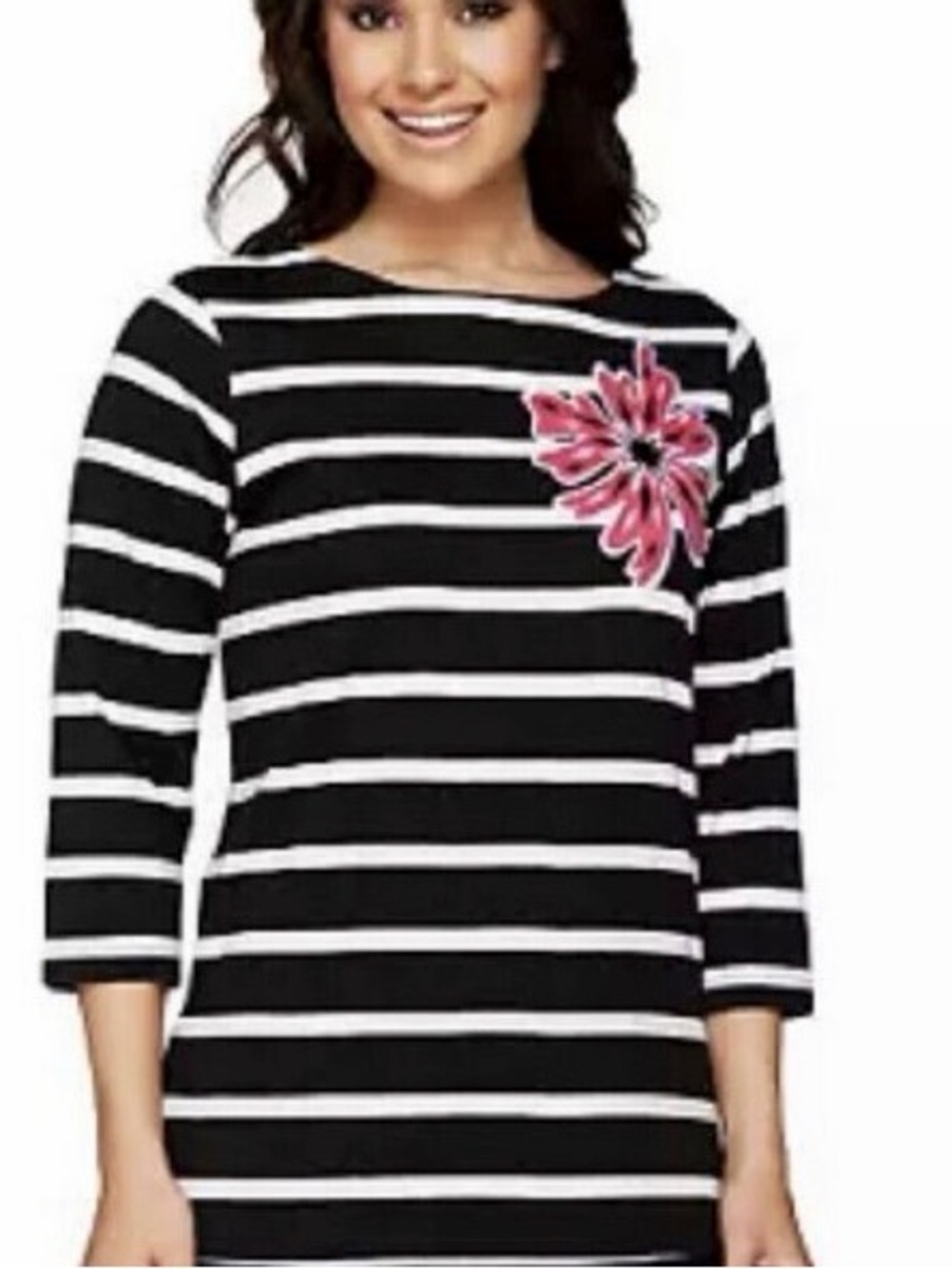 Bob Mackie' Navy & White Striped Long Sleeve Top with Pink Floral Patch